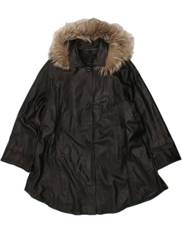 Closeout Deal MAX Womens Hooded Leather Coat IT 48 XL Black Leather