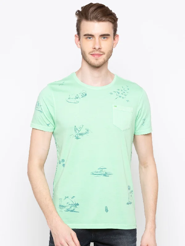Can't Resist Spykar Men Green Cotton Slim Fit Round Neck T-Shirt