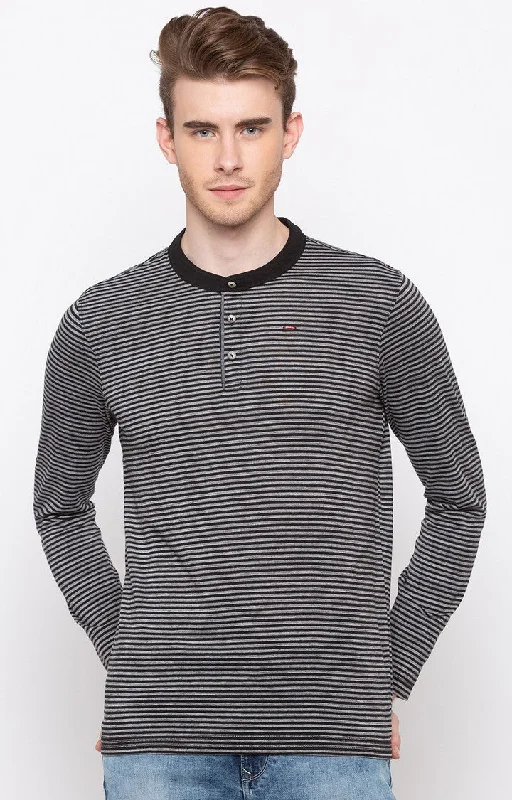 Special Offer Spykar Men Grey Cotton Slim Fit Full Sleeve Striped T-Shirt
