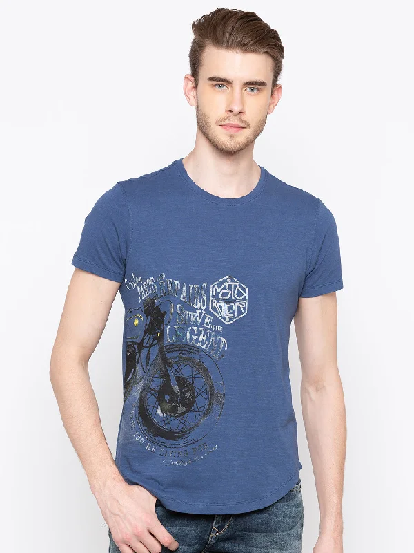 Weekend Discounts to Grab Spykar Blue Cotton Slim Fit T-Shirt For Men