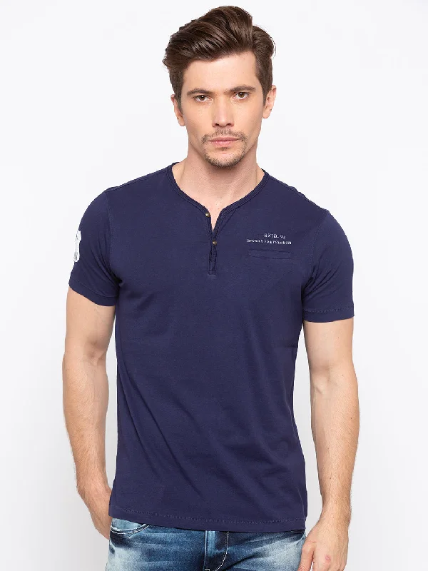 Super Bargain Spykar Men Blue Cotton Printed Half Sleeve T-Shirt