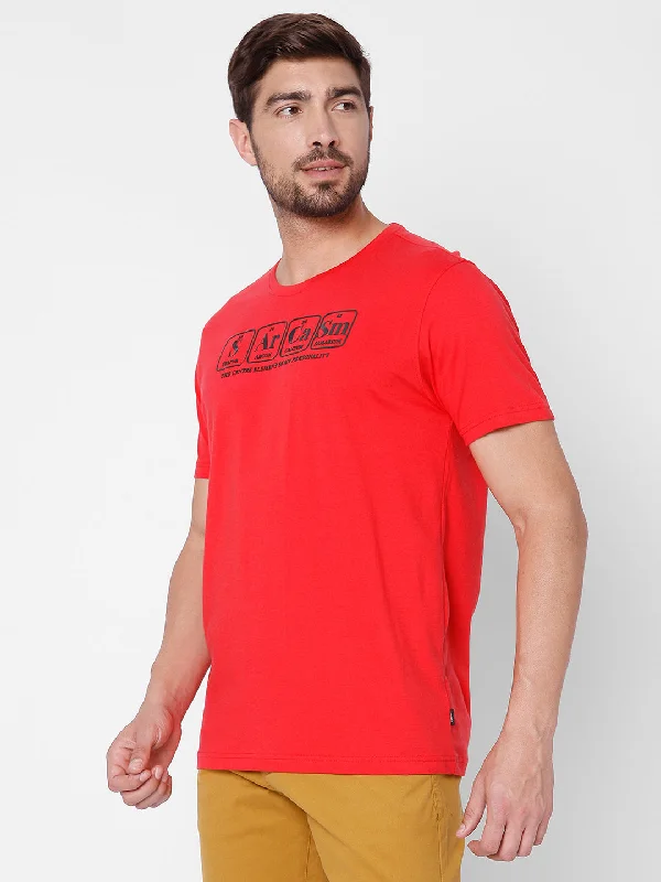 Weekend Discounts to Celebrate Spykar Men Orange Cotton Slim Fit Round Neck T-Shirt