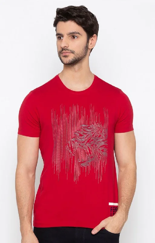 Weekend Savings Galore Spykar Red Cotton Slim Fit T-Shirt For Men