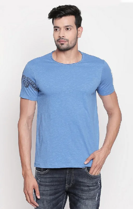Weekend Discounts Worth Grabbing Spykar Blue Cotton Slim Fit T-Shirt For Men