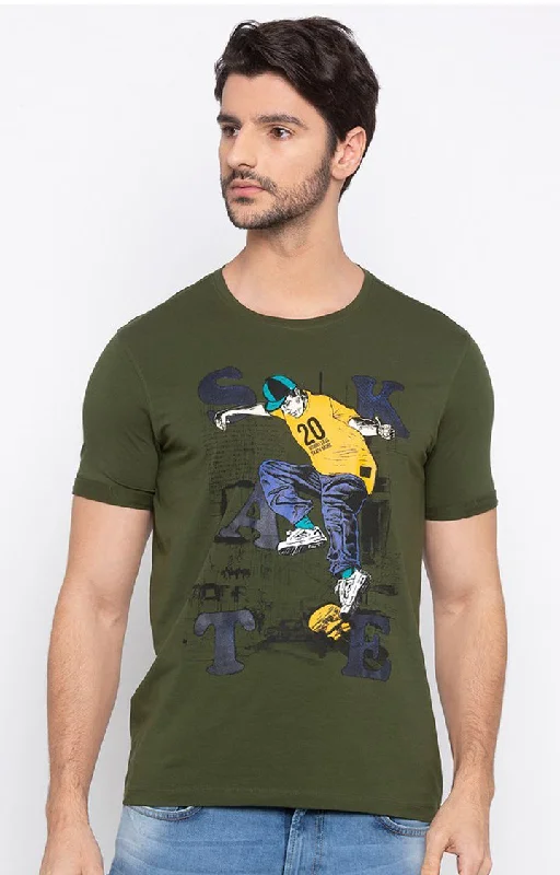 Weekend Discounts to Love Spykar Men Green Cotton Slim Fit Round Neck T-Shirt