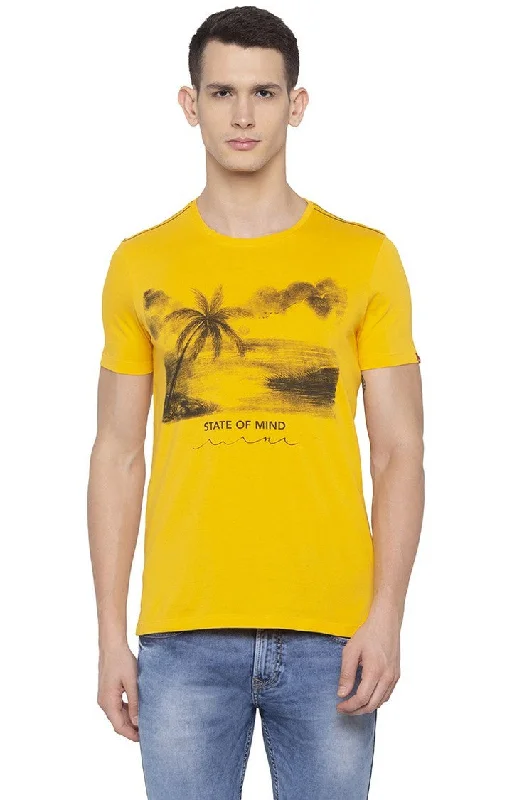 Weekend Deals That Thrill Spykar Men Yellow Cotton Slim Fit Round Neck T-Shirt