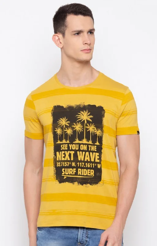 Weekend Specials to Savor Spykar Yellow Cotton Slim Fit T-Shirt For Men