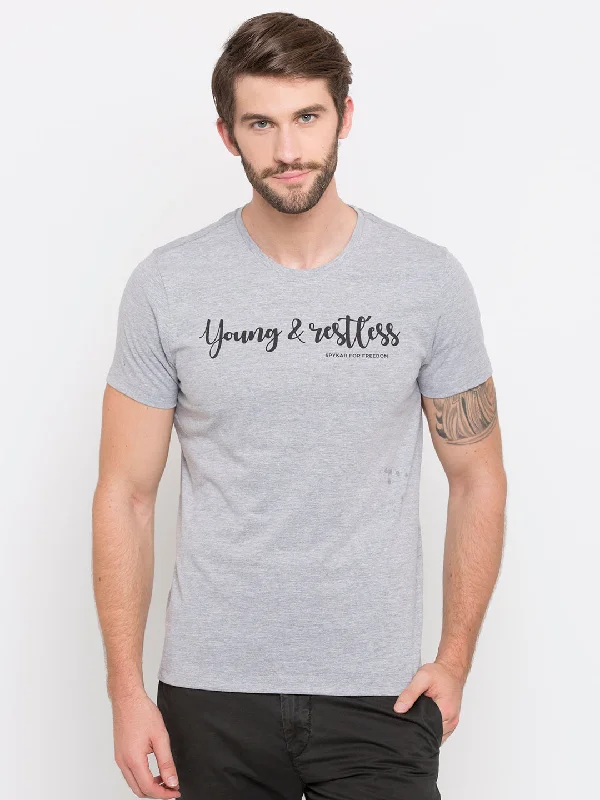 Weekend Steals Await Spykar Men Grey Cotton Slim Fit Round Neck T-Shirt