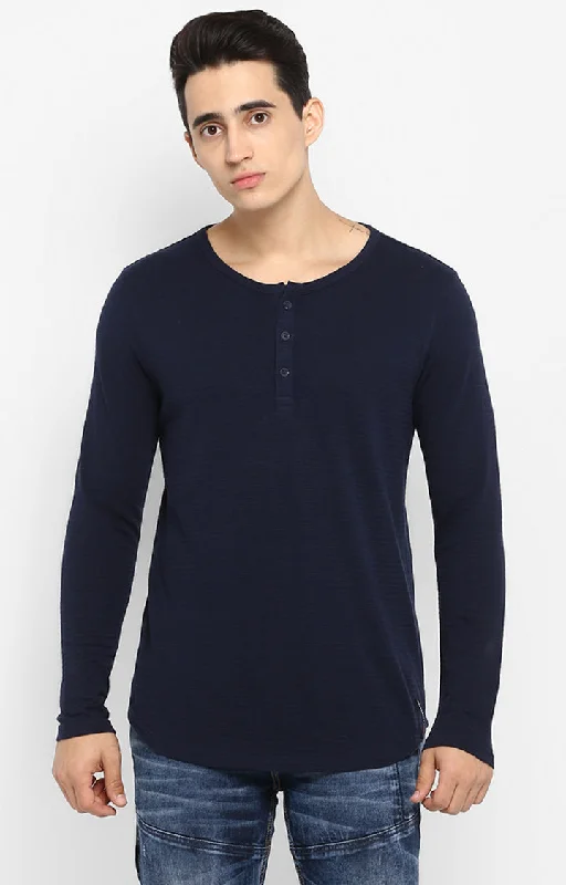 Closeout Deal Spykar Men Navy Blue Cotton Full Sleeve T-Shirt