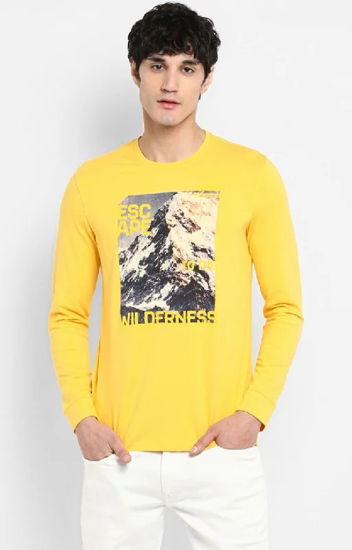 Mega Discount Spykar Yellow Cotton Slim Fit T-Shirt For Men