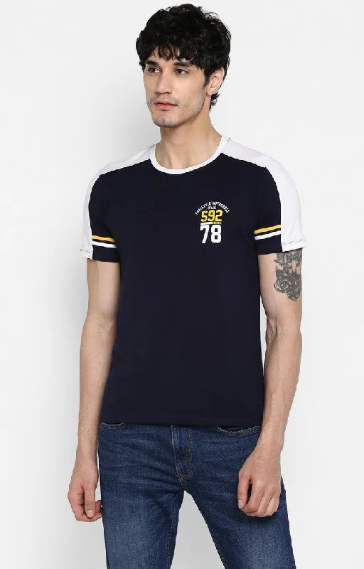 Low Price Spykar Men Blue Cotton Slim Fit Round Neck T-Shirt