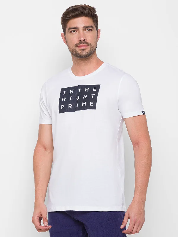 Savings Event Spykar Men White Cotton Slim Fit Round Neck T-Shirt