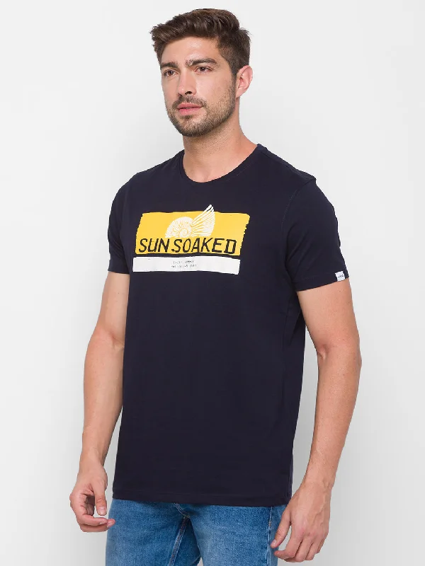 Price Drop Spykar Men Navy Cotton Slim Fit Round Neck T-Shirt