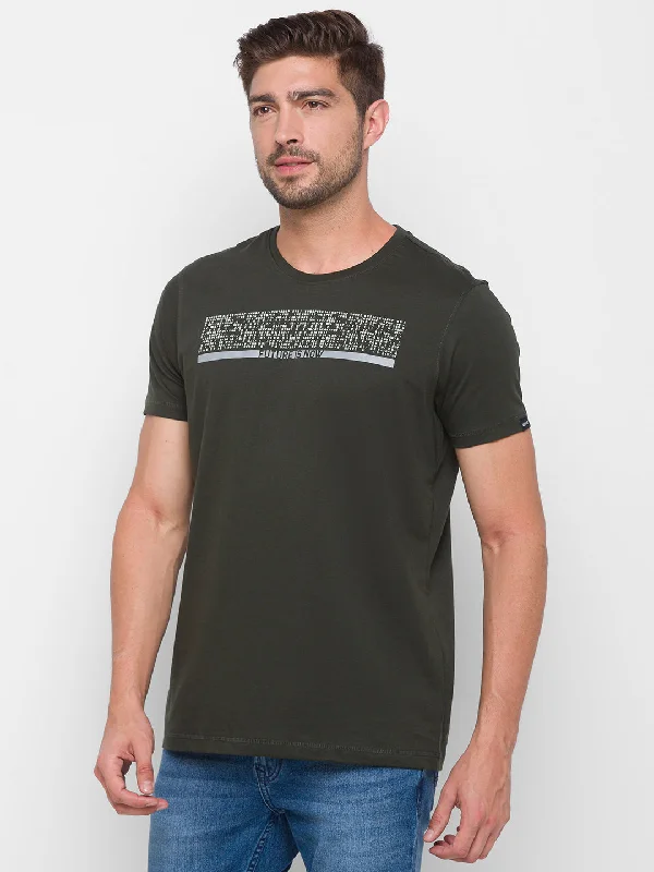 Low Cost Spykar Men Green Cotton Slim Fit Round Neck T-Shirt
