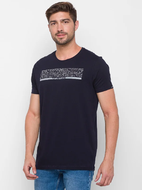 Hurry Up Spykar Men Navy Cotton Slim Fit Round Neck T-Shirt