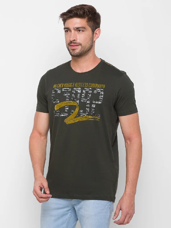 Huge Savings Spykar Men Green Cotton Slim Fit Round Neck T-Shirt