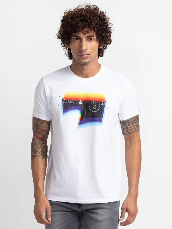 Online Deal Spykar White Cotton Half Sleeve Printed Casual T-Shirt For Men