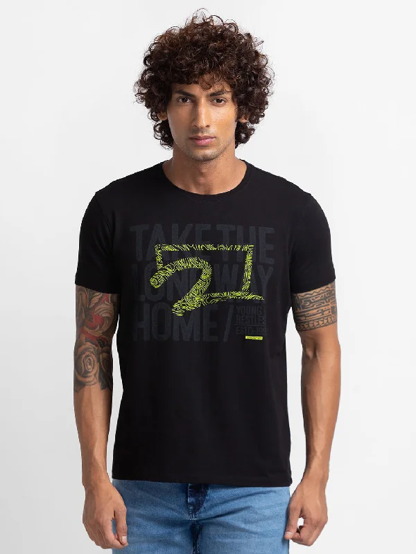 New Arrival Spykar Black Cotton Half Sleeve Printed Casual T-Shirt For Men