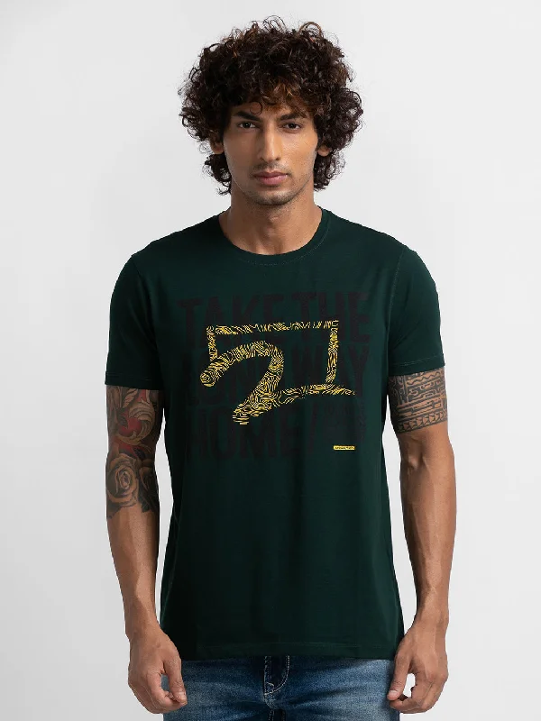 Limited Offer Spykar Bottle Green Cotton Half Sleeve Printed Casual T-Shirt For Men