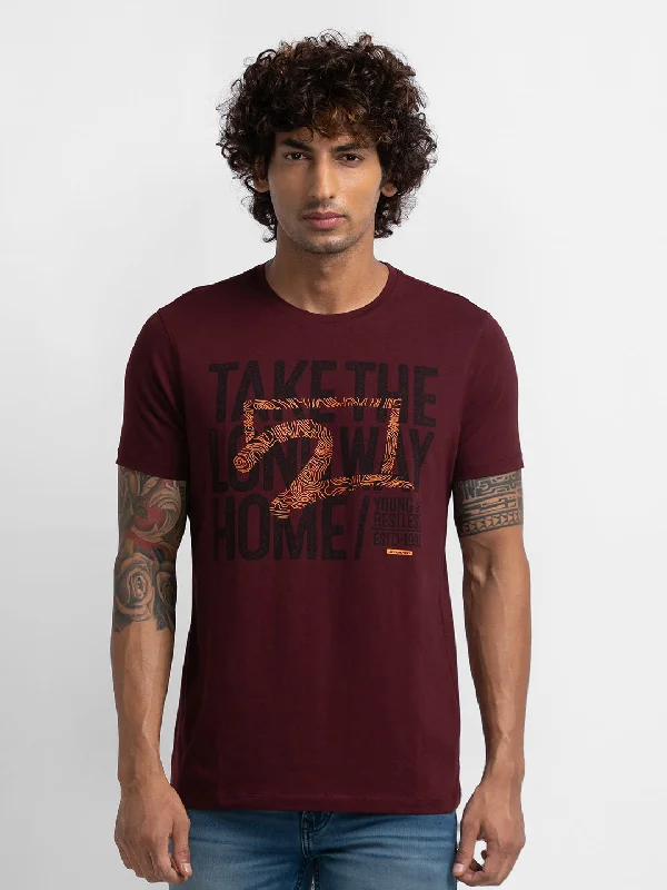 Huge Savings Spykar Wine Cotton Half Sleeve Printed Casual T-Shirt For Men