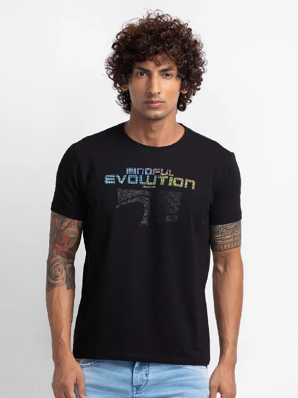 Extra Discount Spykar Black Cotton Half Sleeve Printed Casual T-Shirt For Men