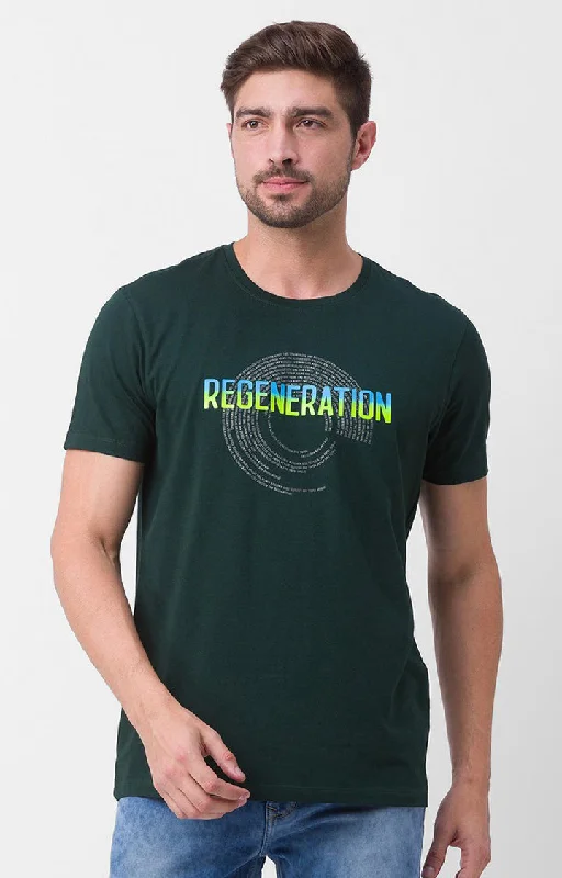 Your Weekend, Your Savings Spykar Bottle Green Cotton Half Sleeve Printed Casual T-Shirt For Men Your Weekend, Your Savings Spykar Bottle Green Cotton Half Sleeve Printed Casual T-Shirt For Men
