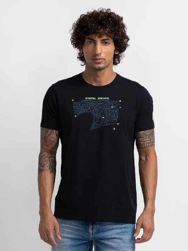 Deal Alert Spykar Navy Blue Cotton Half Sleeve Printed Casual T-Shirt For Men