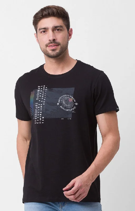 Year-End Clearance Spykar Black Cotton Half Sleeve Printed Casual T-Shirt For Men