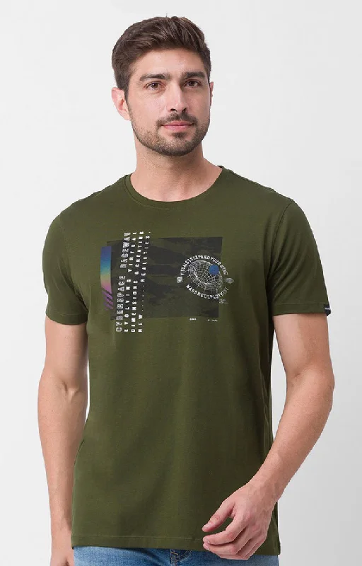 Weekend Deal Spykar Rifle Green Cotton Half Sleeve Printed Casual T-Shirt For Men
