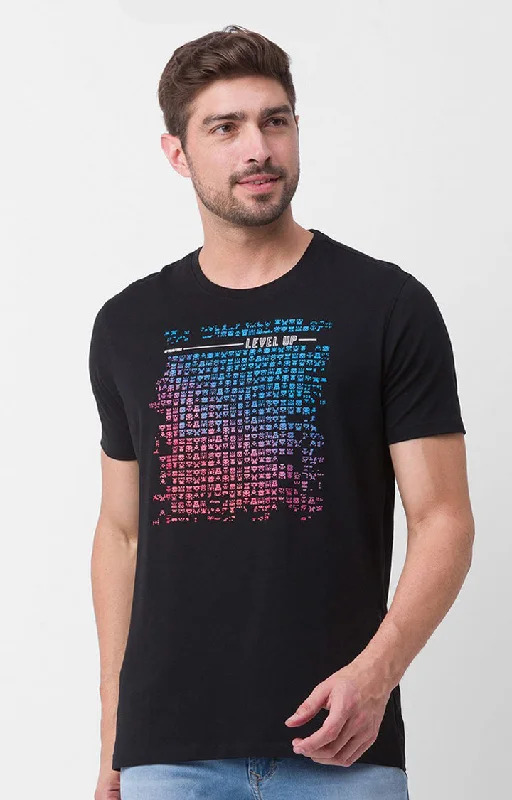 Value Deals Spykar Black Cotton Half Sleeve Printed Casual T-Shirt For Men