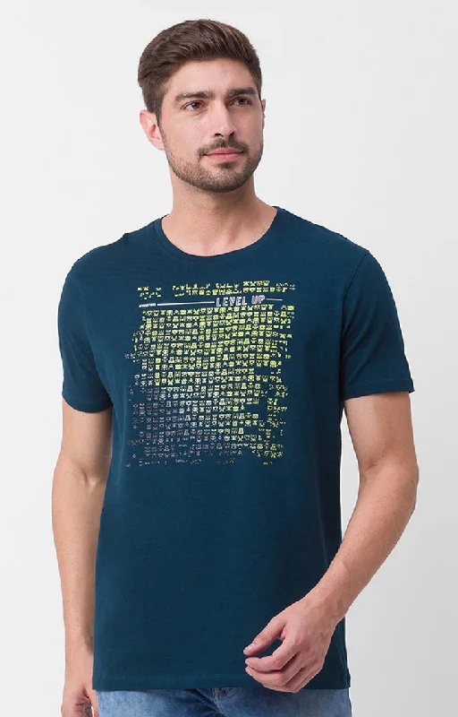 Steals and Deals Spykar Teal Blue Cotton Half Sleeve Printed Casual T-Shirt For Men