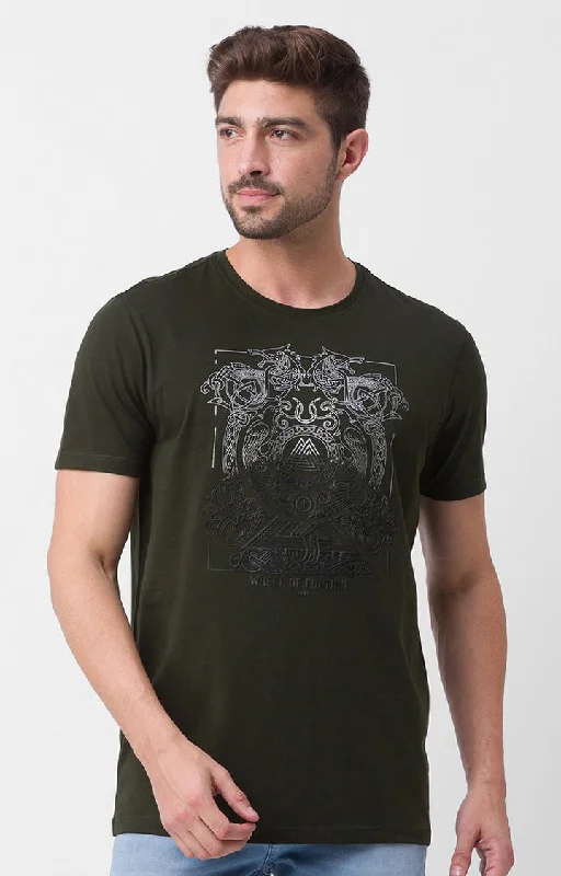 Midnight Madness Spykar Dark Olive Green Cotton Half Sleeve Printed Casual T-Shirt For Men