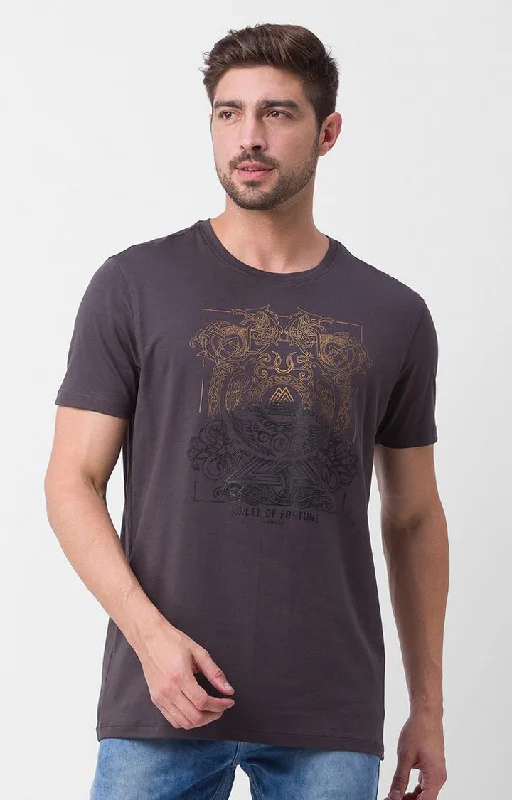Final Clearance Spykar Slate Grey Cotton Half Sleeve Printed Casual T-Shirt For Men