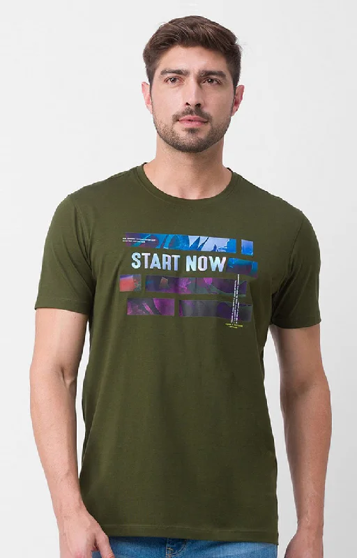 Weekend Special Spykar Rifle Green Cotton Half Sleeve Printed Casual T-Shirt For Men