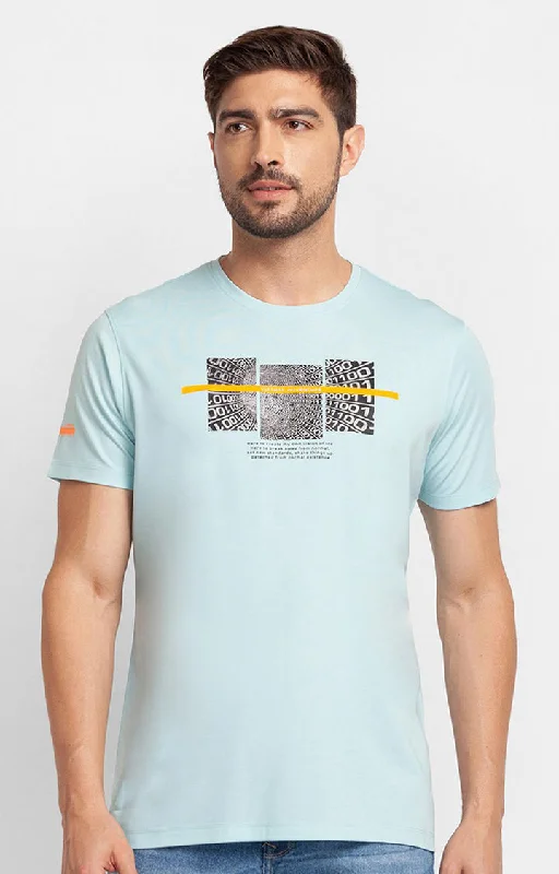 Weekend Deal Spykar Aqua Blue Cotton Half Sleeve Printed Casual T-Shirt For Men