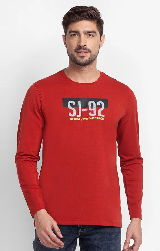 Super Discount Spykar Brick Red Cotton Full Sleeve Printed Casual T-Shirt For Men
