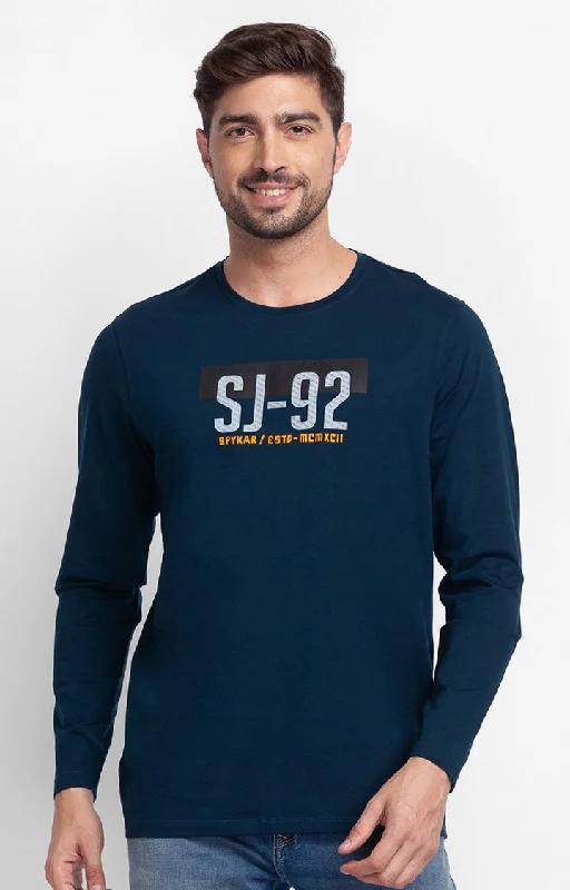 Quick Deals Spykar Teal Blue Cotton Full Sleeve Printed Casual T-Shirt For Men