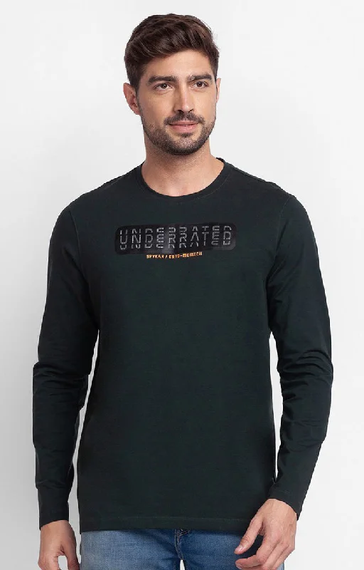 Massive Savings Spykar Bottle Green Cotton Full Sleeve Printed Casual T-Shirt For Men