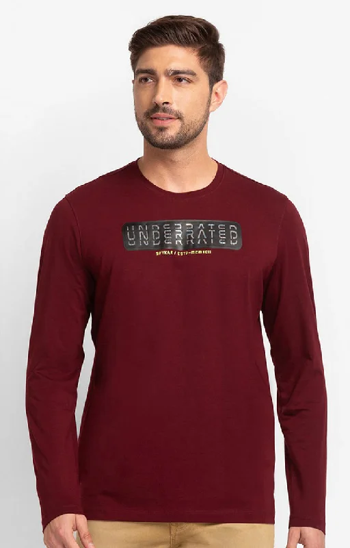 Flash Sale Spykar Wine Cotton Full Sleeve Printed Casual T-Shirt For Men