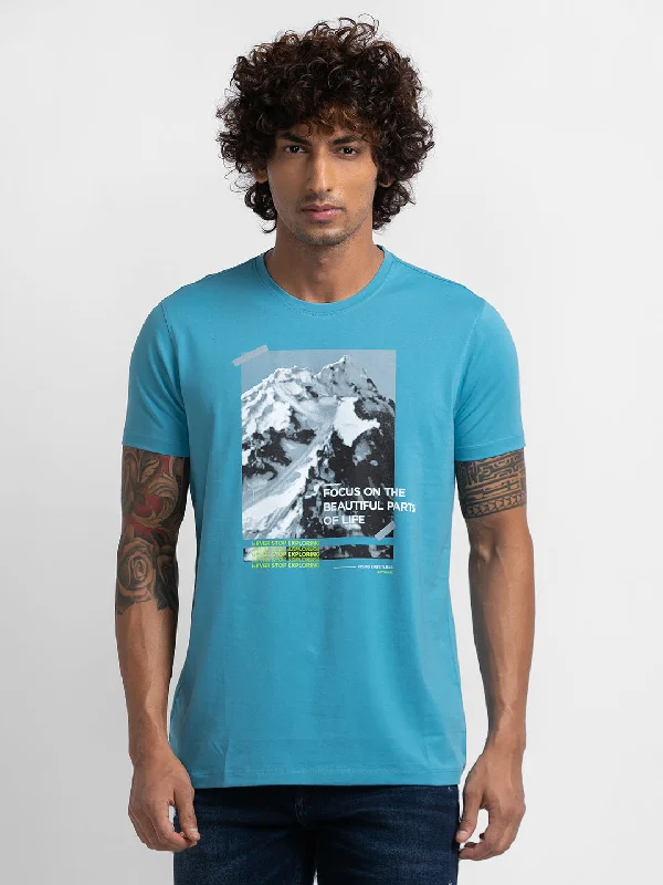 Amazing Value Spykar Haze Blue Cotton Half Sleeve Printed Casual T-Shirt For Men