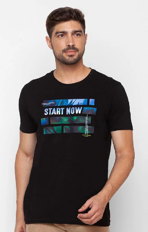 Discount Mania Spykar Black Cotton Half Sleeve Printed Casual T-Shirt For Men