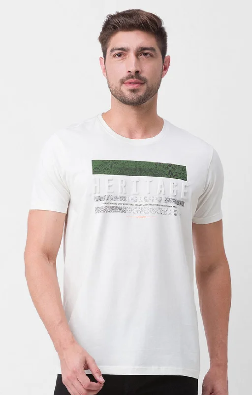 Bargain Alert Spykar Ecru Cotton Half Sleeve Printed Casual T-Shirt For Men