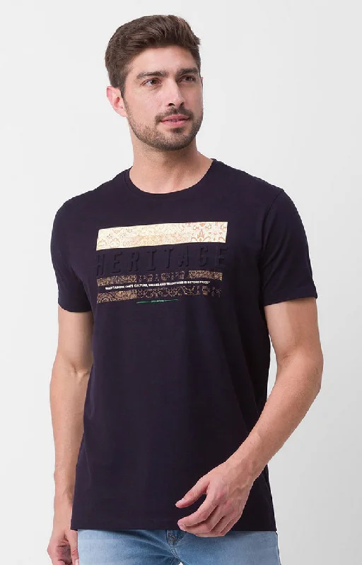 Weekend Savings Bonanza Spykar Navy Blue Cotton Half Sleeve Printed Casual T-Shirt For Men