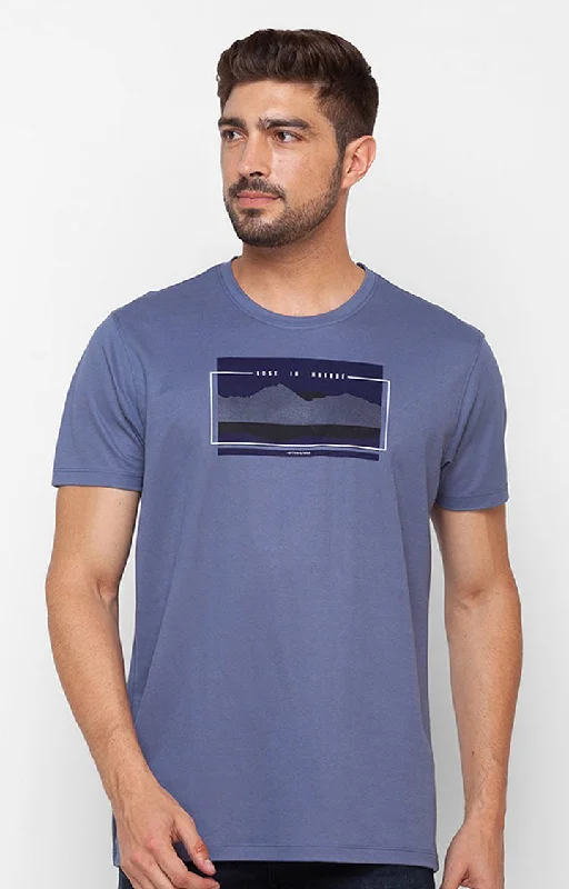 Weekend Discounts to Delight Spykar Smoke Blue Cotton Half Sleeve Printed Casual T-Shirt For Men