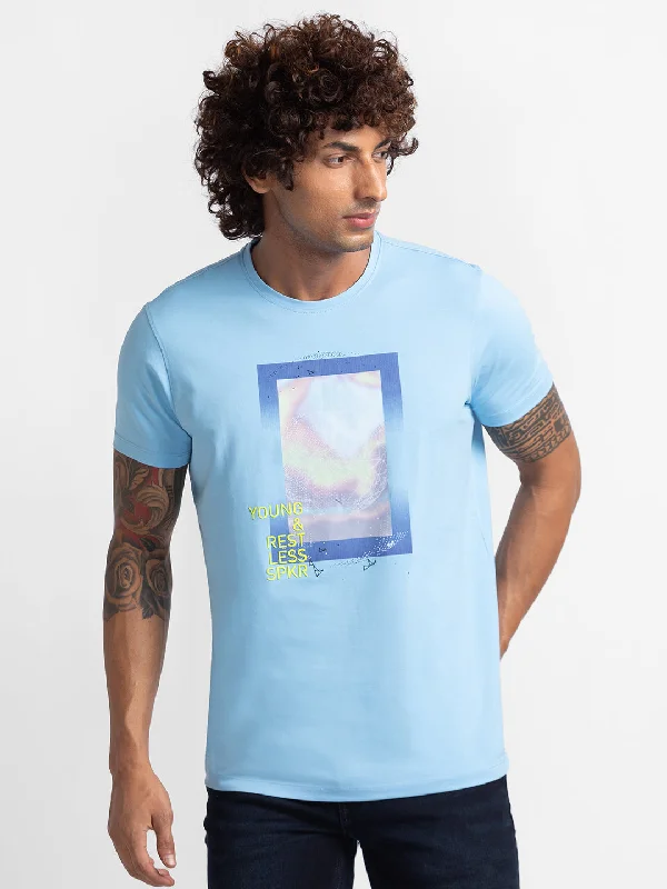 Weekend Savings Extravaganza Spykar Powder Blue Cotton Half Sleeve Printed Casual T-Shirt For Men Weekend Savings Extravaganza Spykar Powder Blue Cotton Half Sleeve Printed Casual T-Shirt For Men
