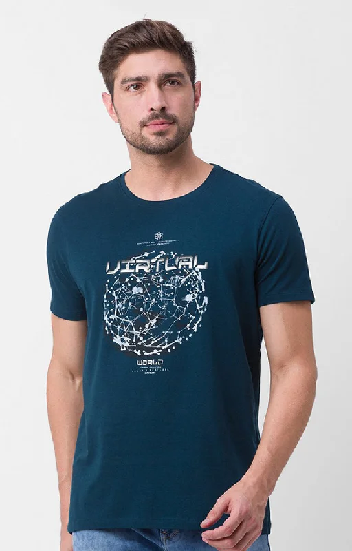 Weekend Discounts to Savor Spykar Teal Blue Cotton Half Sleeve Printed Casual T-Shirt For Men Weekend Discounts to Savor Spykar Teal Blue Cotton Half Sleeve Printed Casual T-Shirt For Men