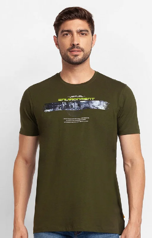 Weekend Deals That Thrill Spykar Rifle Green Cotton Half Sleeve Printed Casual T-Shirt For Men