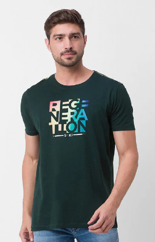 Weekend Savings Fiesta Spykar Bottle Green Cotton Half Sleeve Printed Casual T-Shirt For Men Weekend Savings Fiesta Spykar Bottle Green Cotton Half Sleeve Printed Casual T-Shirt For Men