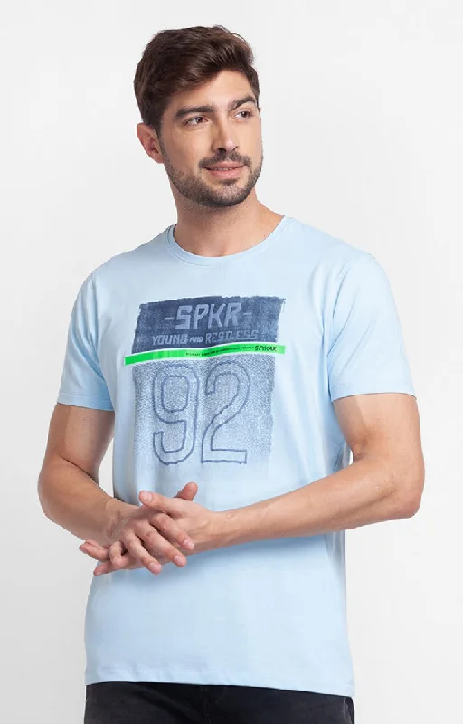 Savings Soar This Weekend Spykar Powder Blue Cotton Half Sleeve Printed Casual T-Shirt For Men Savings Soar This Weekend Spykar Powder Blue Cotton Half Sleeve Printed Casual T-Shirt For Men