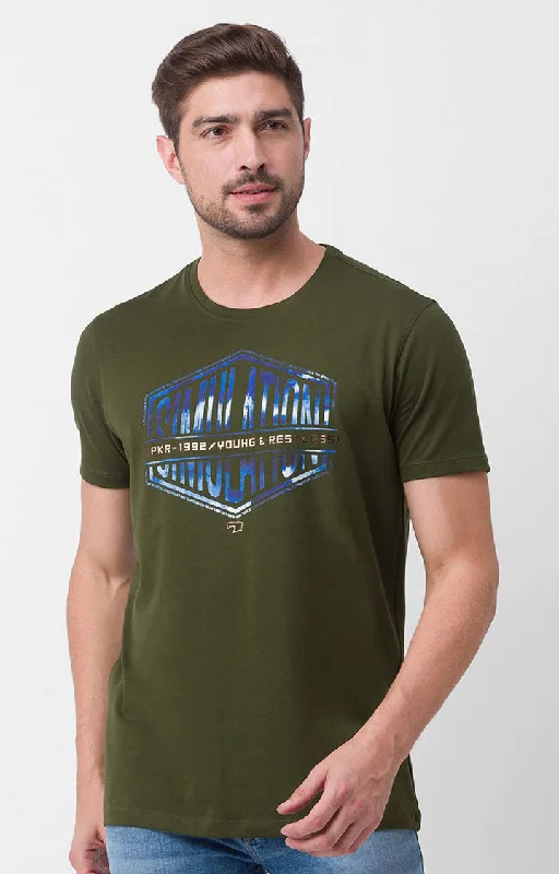 Shop the Weekend Away Spykar Rifle Green Cotton Half Sleeve Printed Casual T-Shirt For Men